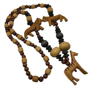 Vintage Wooden Animal Beaded Necklace Extra Large Statement Lion Zebra
